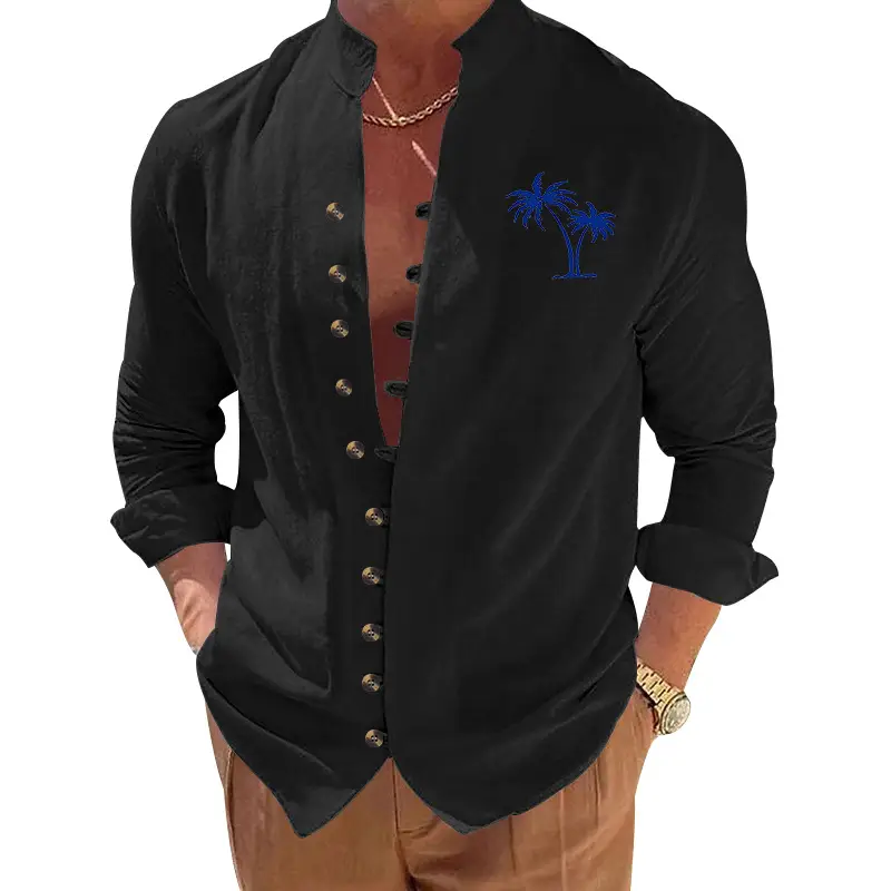 Black Long Sleeve Collar Shirt with Blue Coconut Tree Print - Image 10
