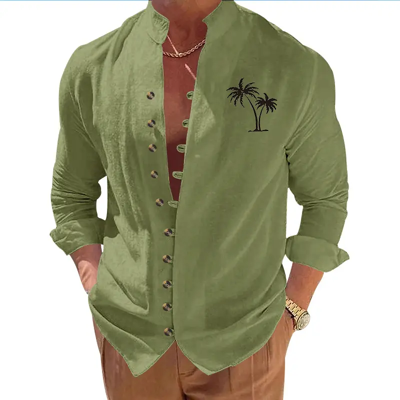 Black Long Sleeve Collar Shirt with Blue Coconut Tree Print - Image 11