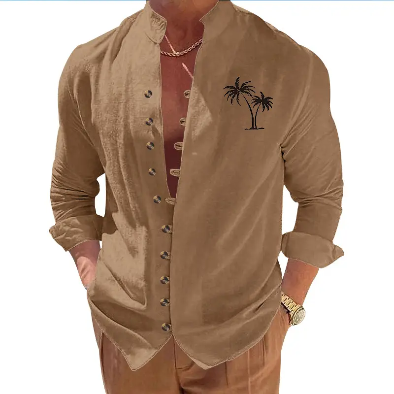 Black Long Sleeve Collar Shirt with Blue Coconut Tree Print - Image 12
