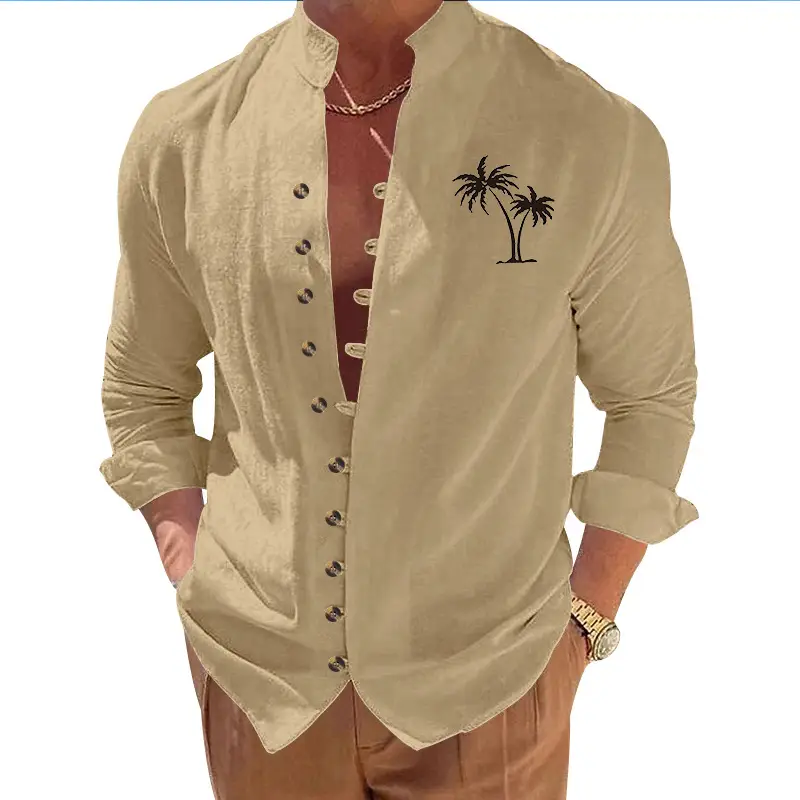 Black Long Sleeve Collar Shirt with Blue Coconut Tree Print - Image 13