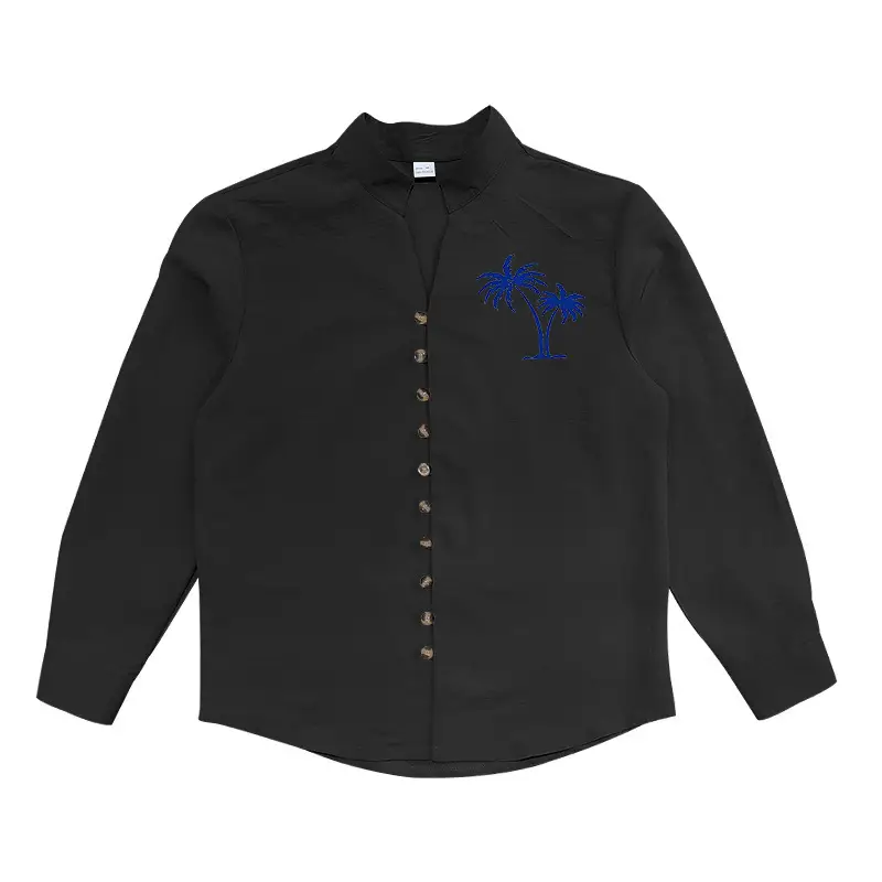 Black Long Sleeve Collar Shirt with Blue Coconut Tree Print — feature 11