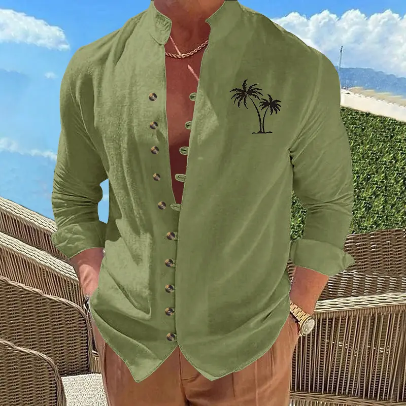 Black Long Sleeve Collar Shirt with Blue Coconut Tree Print — feature 16