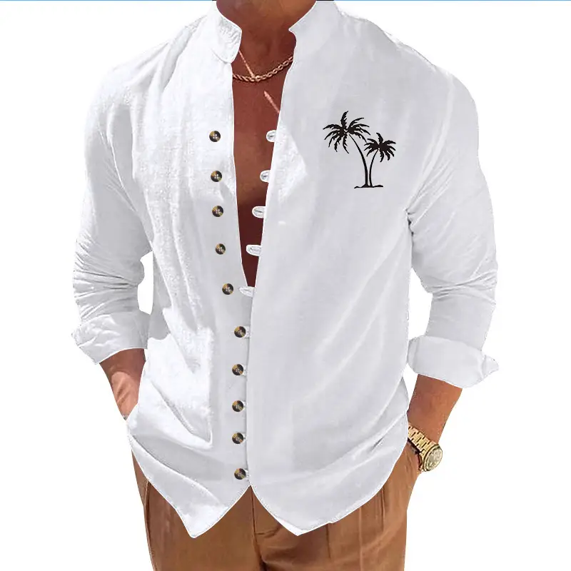 Black Long Sleeve Collar Shirt with Blue Coconut Tree Print — feature 2