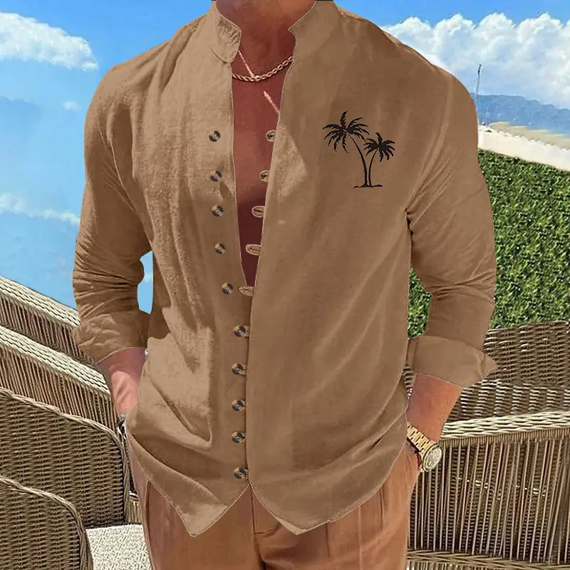 Black Long Sleeve Collar Shirt with Blue Coconut Tree Print — feature 23