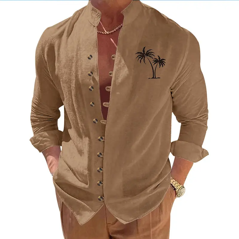 Black Long Sleeve Collar Shirt with Blue Coconut Tree Print — feature 24