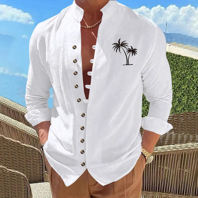 Black Long Sleeve Collar Shirt with Blue Coconut Tree Print — feature 3
