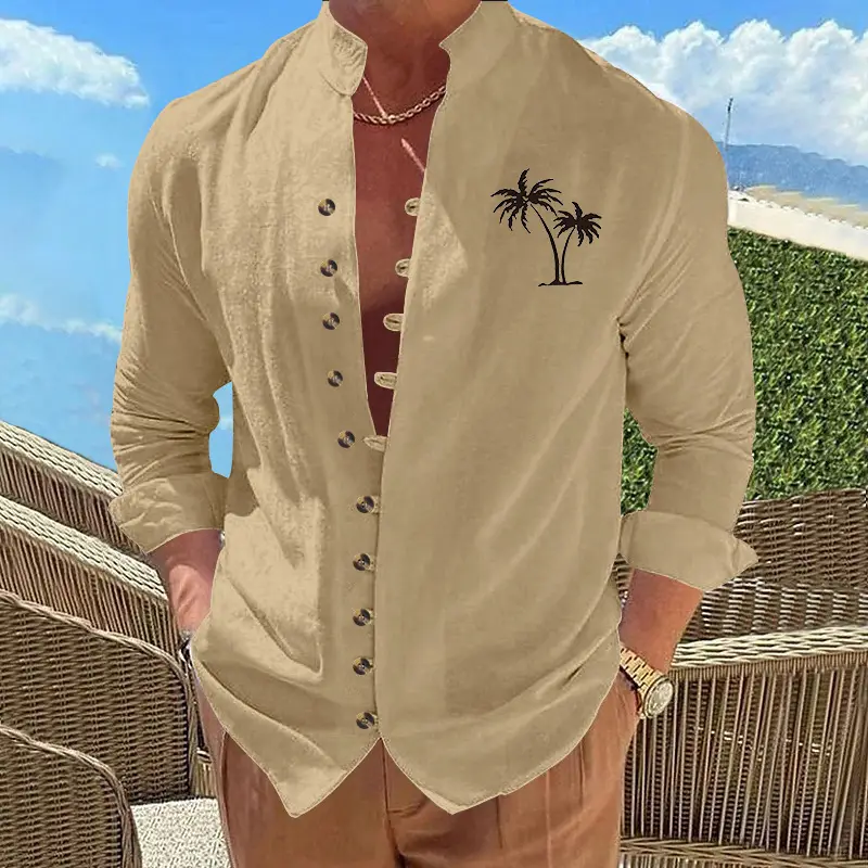 Black Long Sleeve Collar Shirt with Blue Coconut Tree Print — feature 30