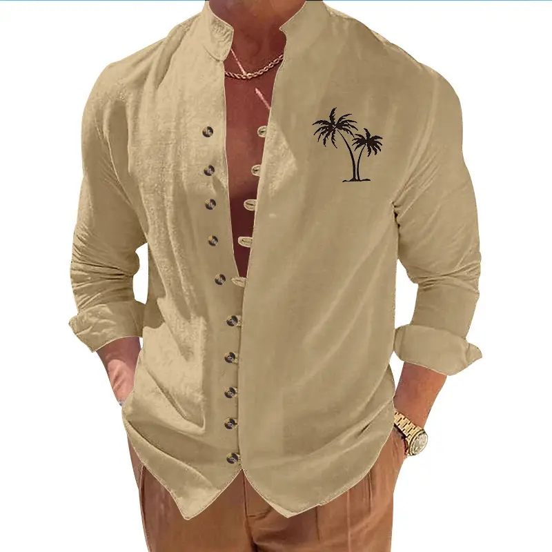 Black Long Sleeve Collar Shirt with Blue Coconut Tree Print — feature 31