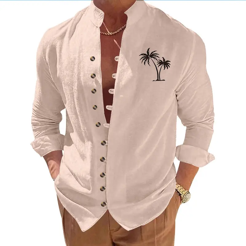 Black Long Sleeve Collar Shirt with Blue Coconut Tree Print — feature 36