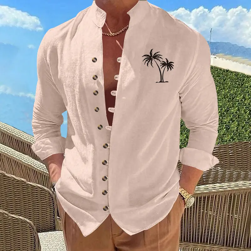 Black Long Sleeve Collar Shirt with Blue Coconut Tree Print — feature 42