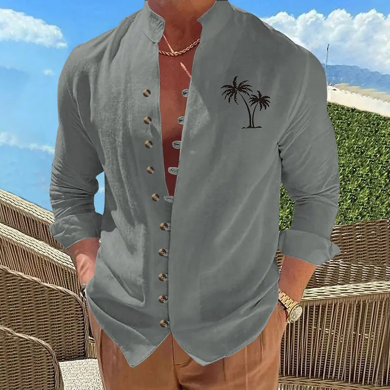Black Long Sleeve Collar Shirt with Blue Coconut Tree Print — feature 43