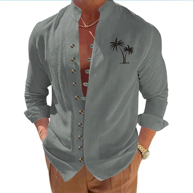 Black Long Sleeve Collar Shirt with Blue Coconut Tree Print — feature 44