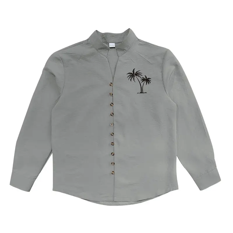 Black Long Sleeve Collar Shirt with Blue Coconut Tree Print — feature 45