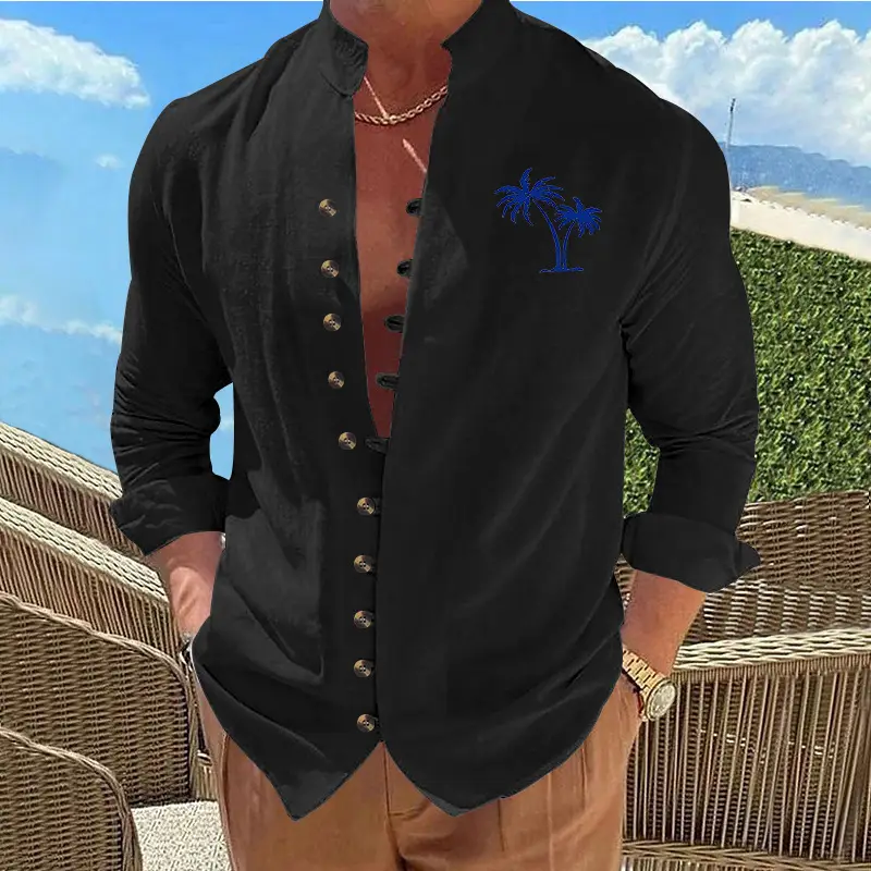 Black Long Sleeve Collar Shirt with Blue Coconut Tree Print — feature 9