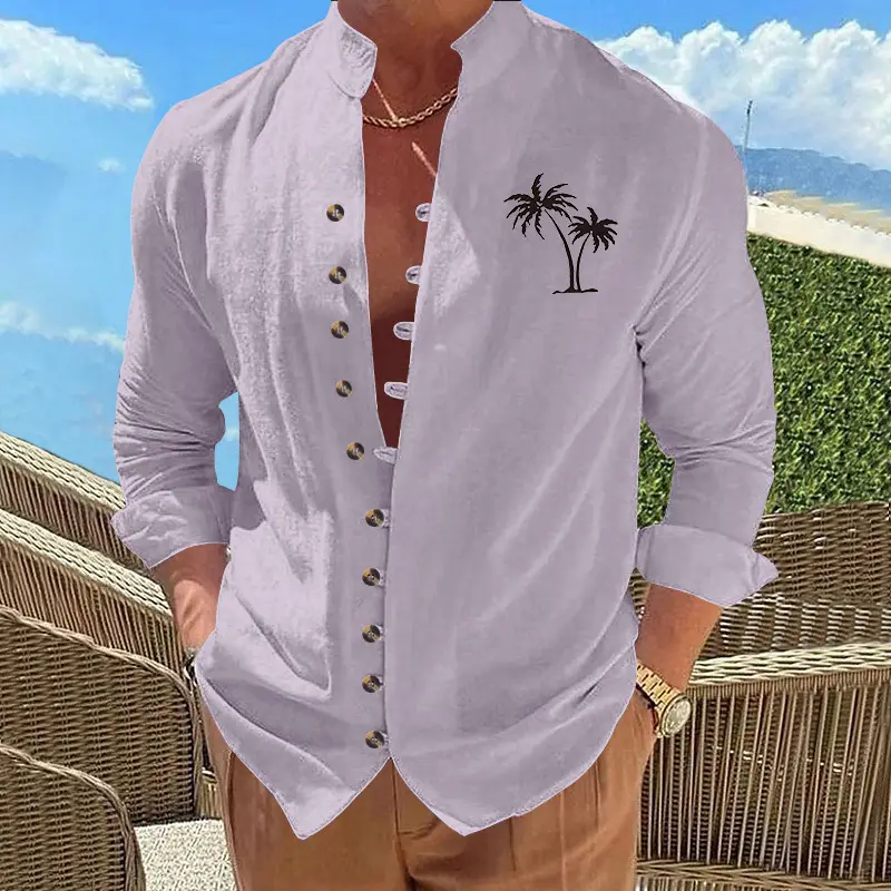 Black Long Sleeve Collar Shirt with Blue Coconut Tree Print - Image 8