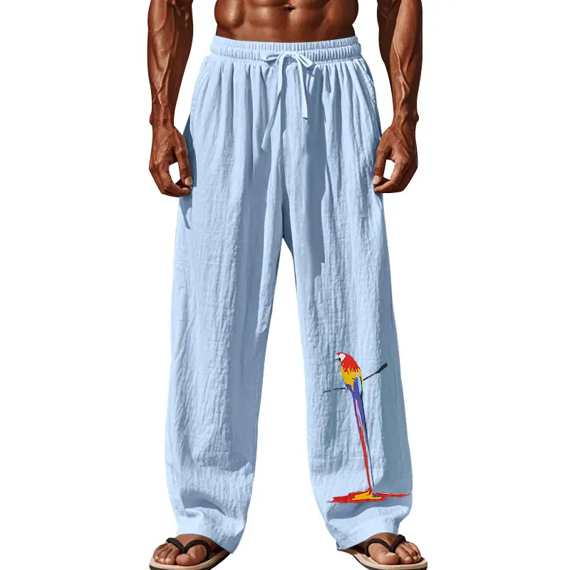 Men Linen Pants White Parrot Print Wide Leg Spring Autumn