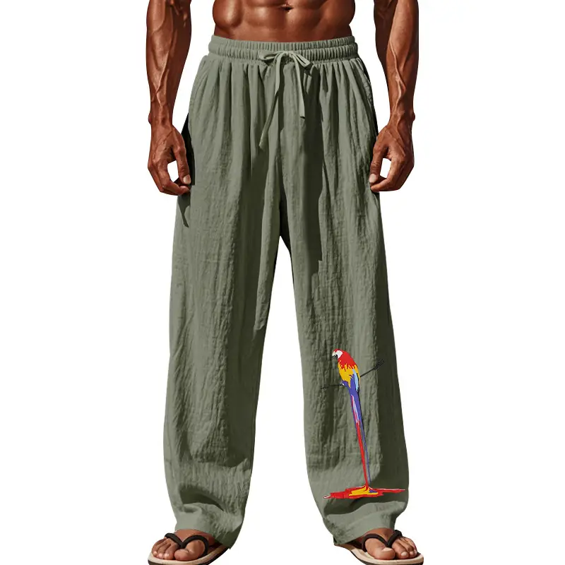 Men Linen Pants White Parrot Print Wide Leg Spring Autumn
