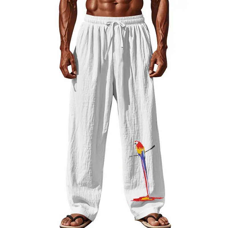 Men Linen Pants White Parrot Print Wide Leg Spring Autumn