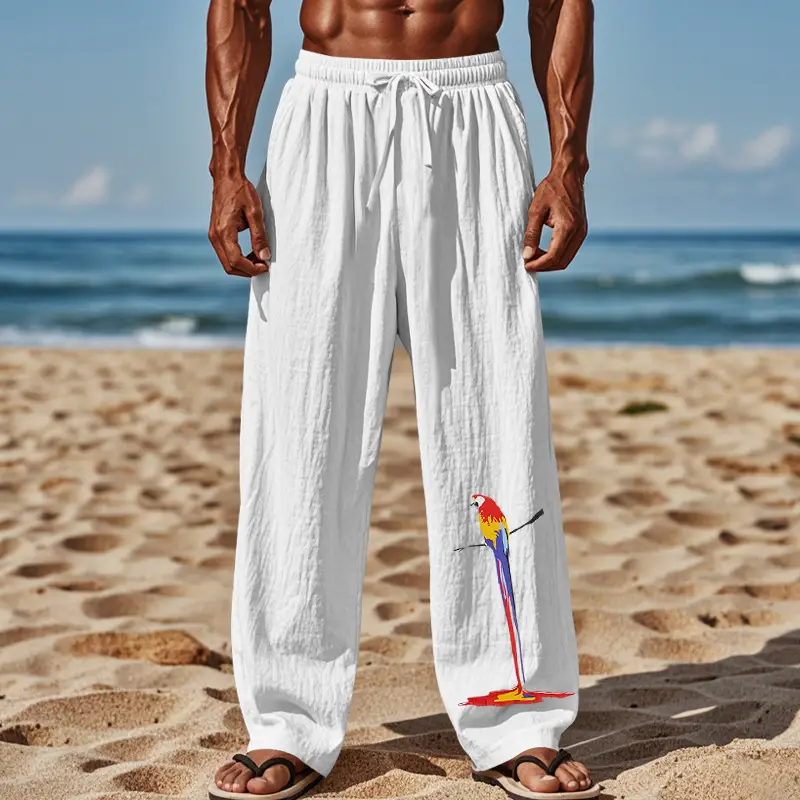 Men Linen Pants White Parrot Print Wide Leg Spring Autumn — feature 26