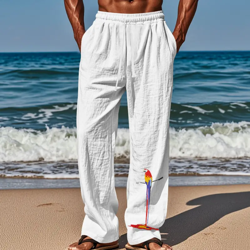 Men Linen Pants White Parrot Print Wide Leg Spring Autumn — feature 28