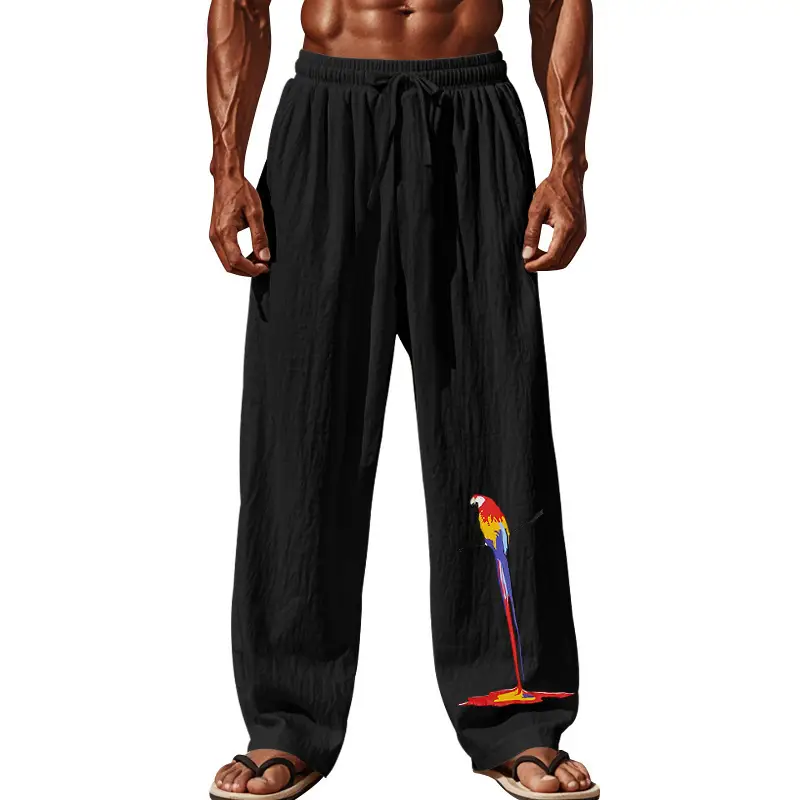 Men Linen Pants White Parrot Print Wide Leg Spring Autumn — feature 41