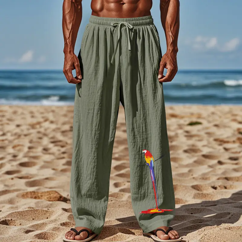 Men Linen Pants White Parrot Print Wide Leg Spring Autumn — feature 47