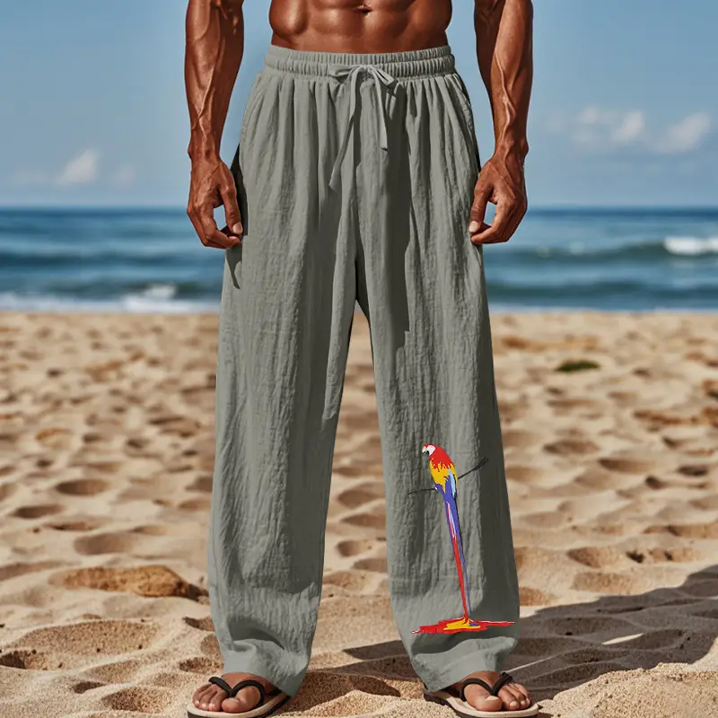 Men Linen Pants White Parrot Print Wide Leg Spring Autumn — feature 54