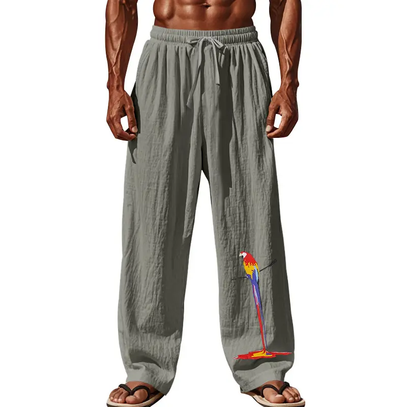 Men Linen Pants White Parrot Print Wide Leg Spring Autumn — feature 55