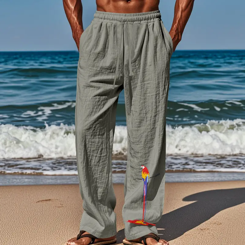 Men Linen Pants White Parrot Print Wide Leg Spring Autumn — feature 56