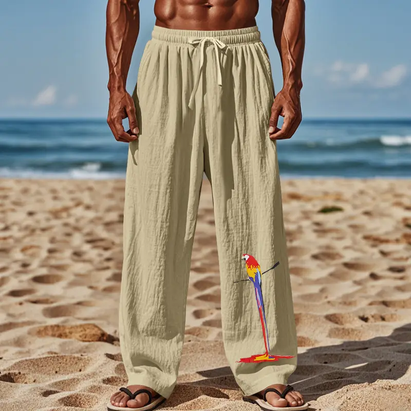 Men Linen Pants White Parrot Print Wide Leg Spring Autumn — feature 61