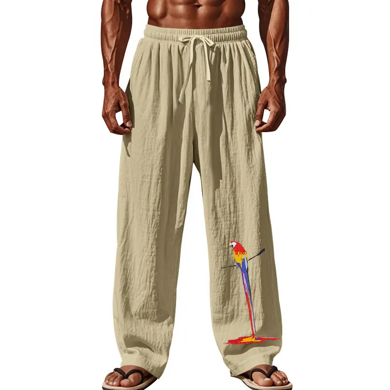 Men Linen Pants White Parrot Print Wide Leg Spring Autumn — feature 62