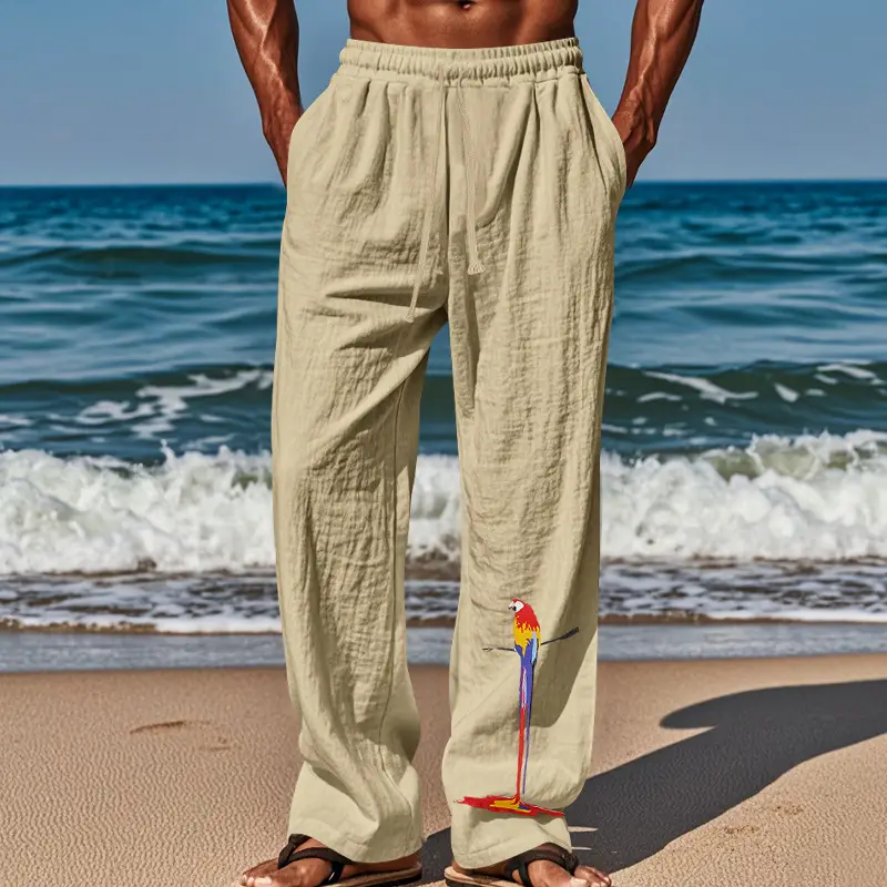 Men Linen Pants White Parrot Print Wide Leg Spring Autumn — feature 63