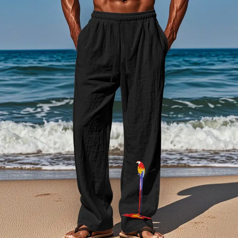 Men Linen Pants White Parrot Print Wide Leg Spring Autumn