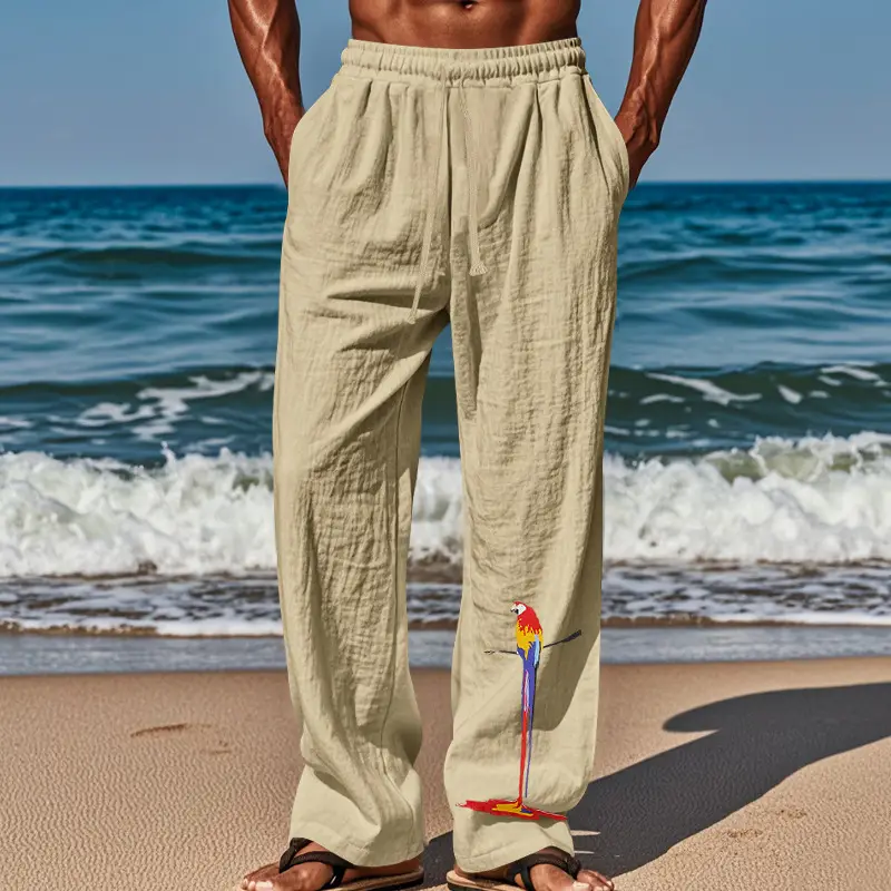Men Linen Pants White Parrot Print Wide Leg Spring Autumn