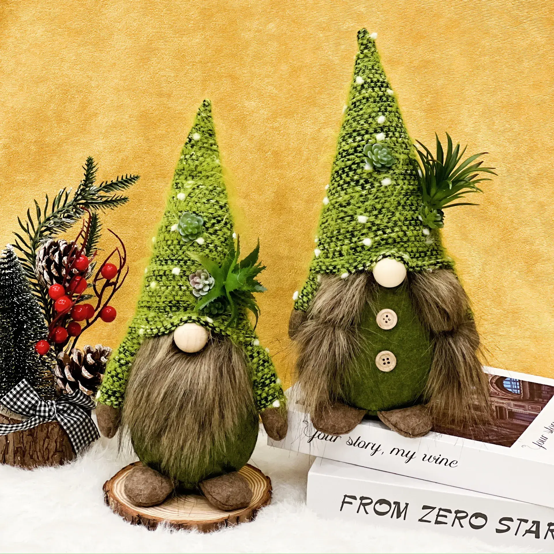 Green Knitted Christmas Gnome Succulent Doll