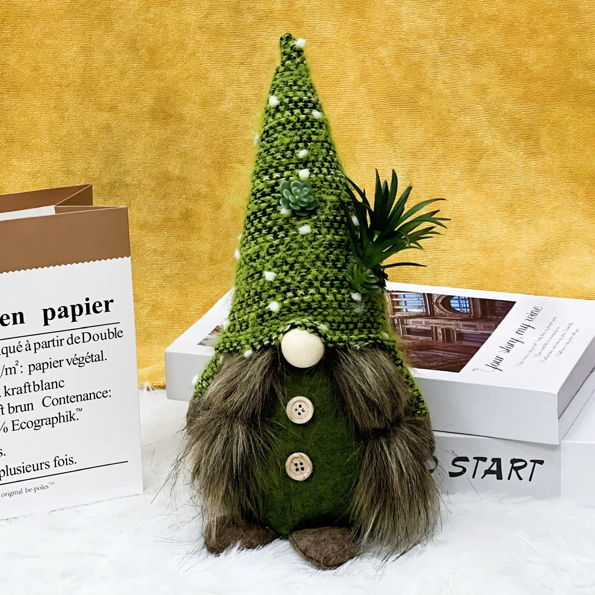 Green Knitted Christmas Gnome Succulent Doll