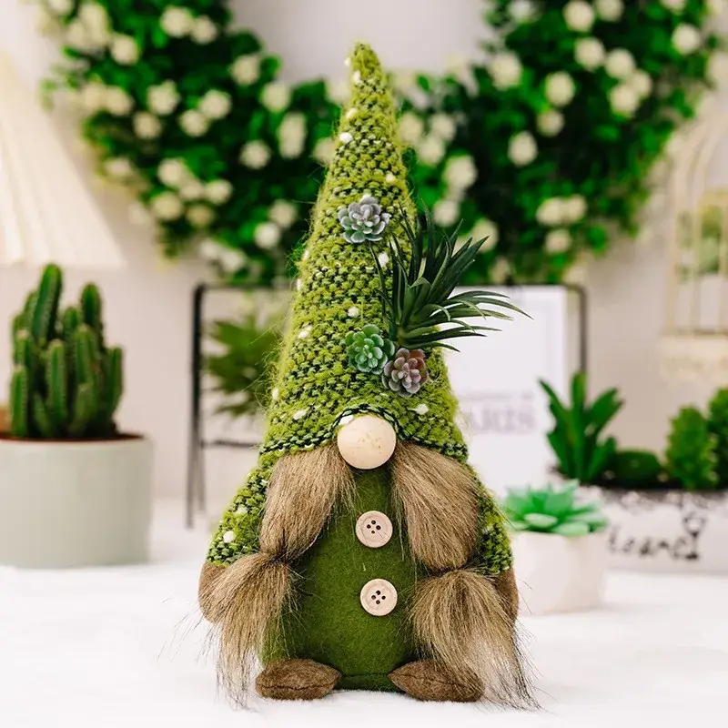 Green Knitted Christmas Gnome Succulent Doll