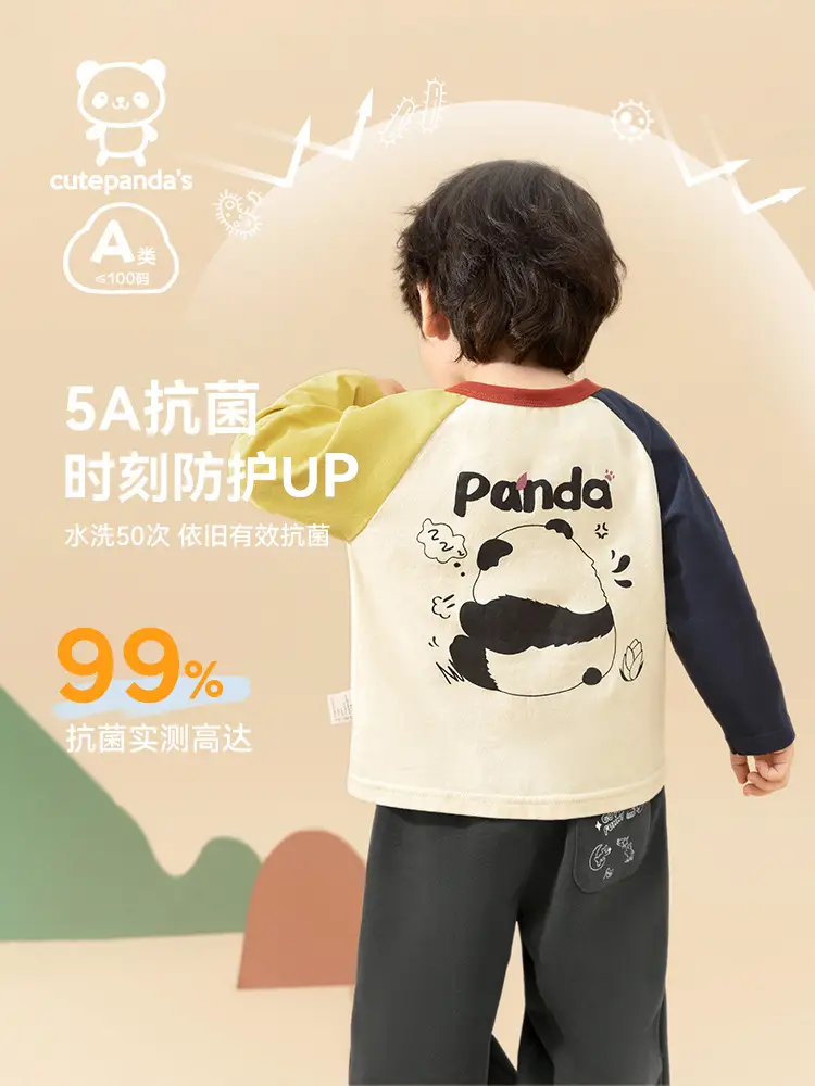 Panda Print Long Sleeve T-Shirt for Boys Pure Cotton Spring Outfit