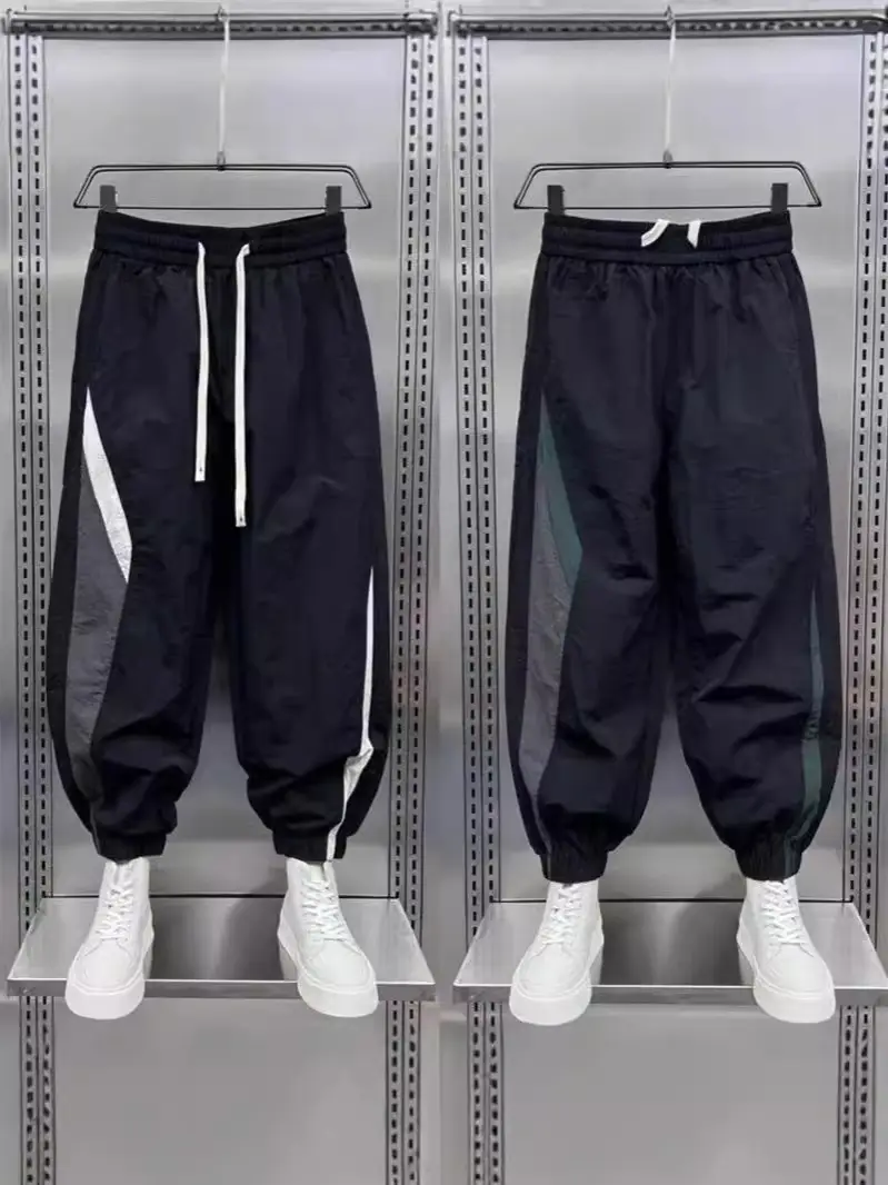 Men Black Contrast Leg Sports Pants Spring Summer Loose Harem - Image 3
