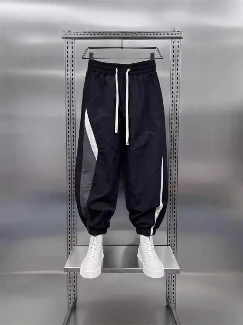 Men Black Contrast Leg Sports Pants Spring Summer Loose Harem - Image 6