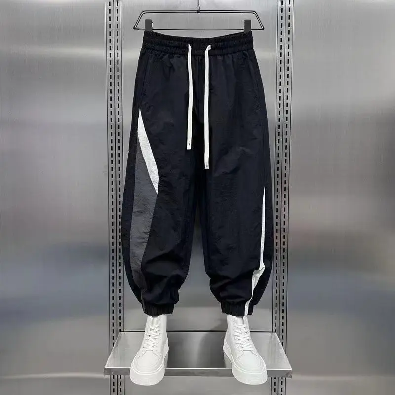 Men Black Contrast Leg Sports Pants Spring Summer Loose Harem - Image 2