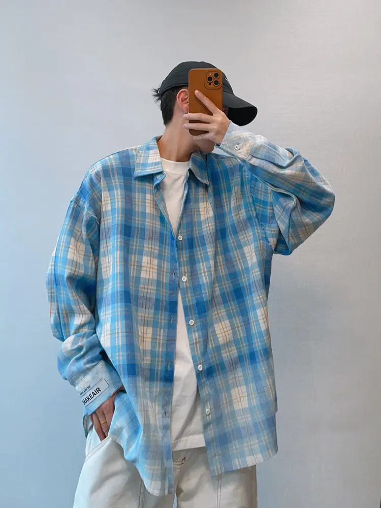 Retro Plaid Long Sleeve Shirt Blue White Summer Wear