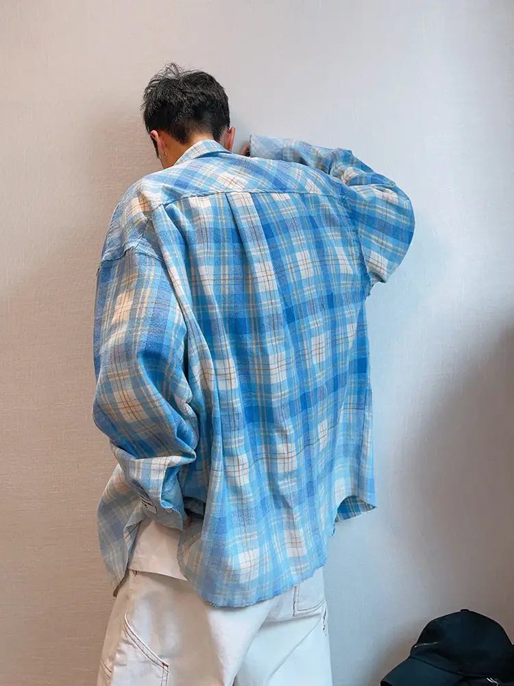 Retro Plaid Long Sleeve Shirt Blue White Summer Wear