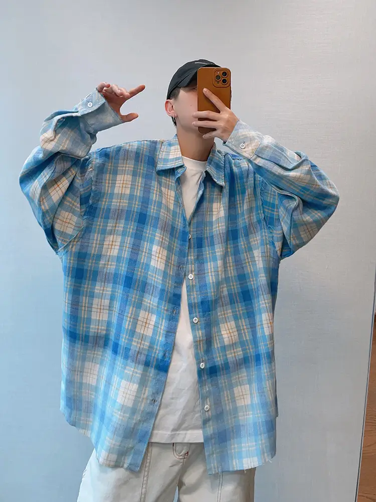 Retro Plaid Long Sleeve Shirt Blue White Summer Wear