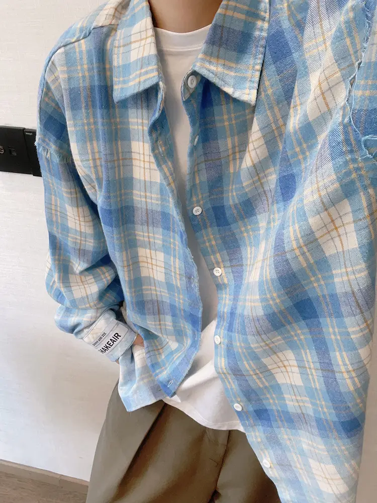Retro Plaid Long Sleeve Shirt Blue White Summer Wear — feature 10