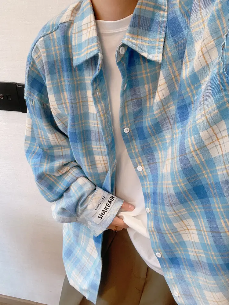 Retro Plaid Long Sleeve Shirt Blue White Summer Wear — feature 11