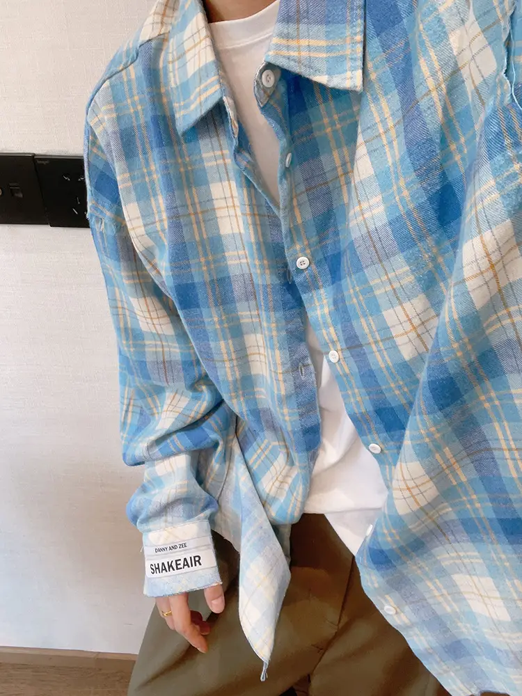 Retro Plaid Long Sleeve Shirt Blue White Summer Wear — feature 12