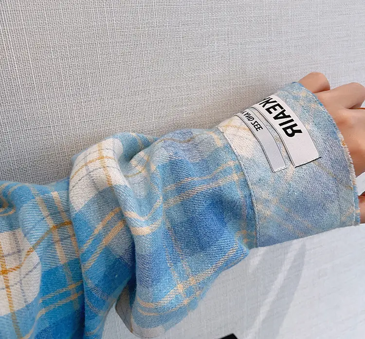 Retro Plaid Long Sleeve Shirt Blue White Summer Wear — feature 14