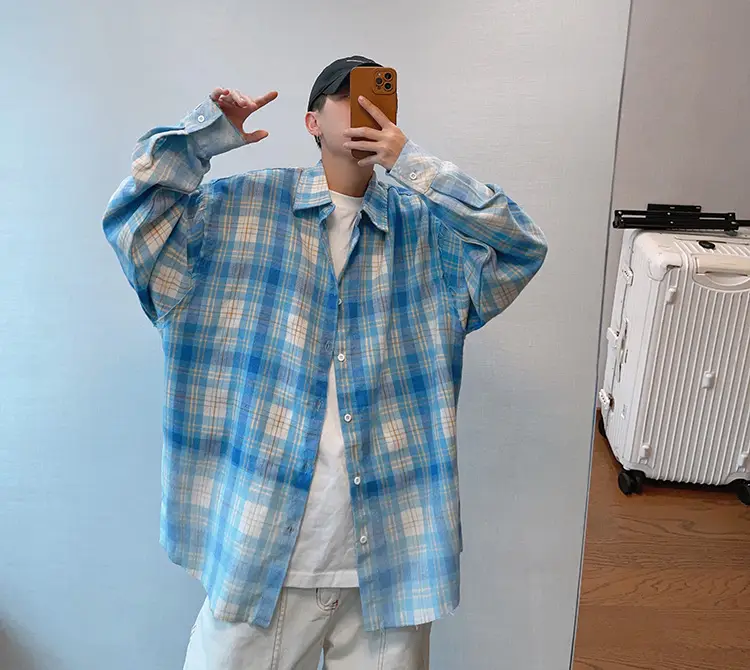 Retro Plaid Long Sleeve Shirt Blue White Summer Wear — feature 2