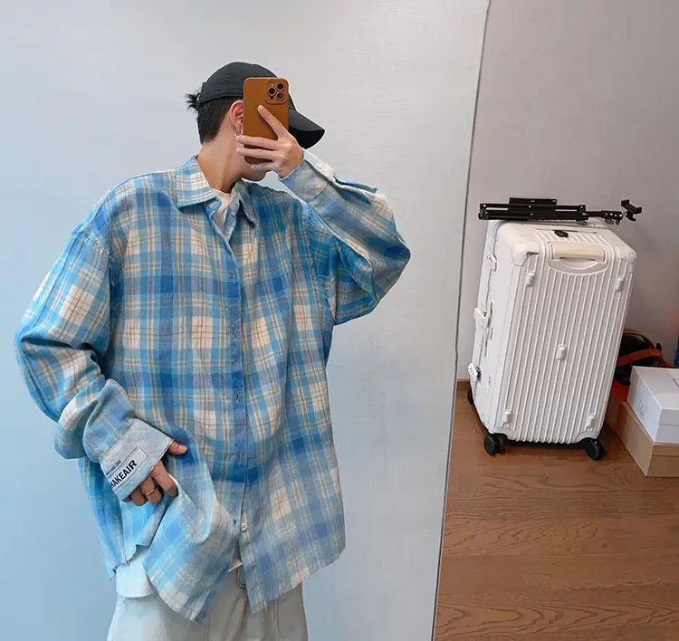 Retro Plaid Long Sleeve Shirt Blue White Summer Wear — feature 3